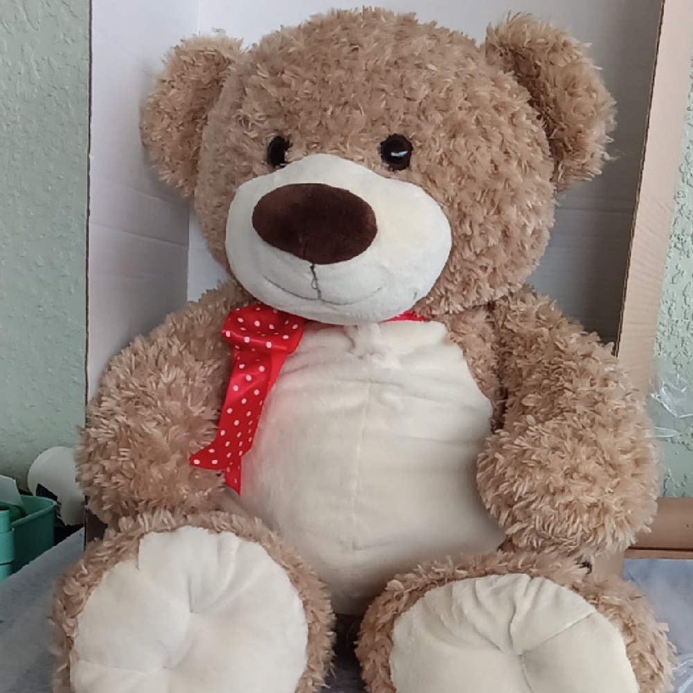 Plush Brown Teddy Bear with Red Polka Dot Bow